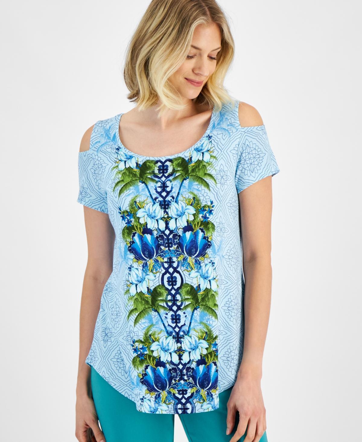 Women's Printed Cold-Shoulder Short-Sleeve Top, Created for Macy's Product Image