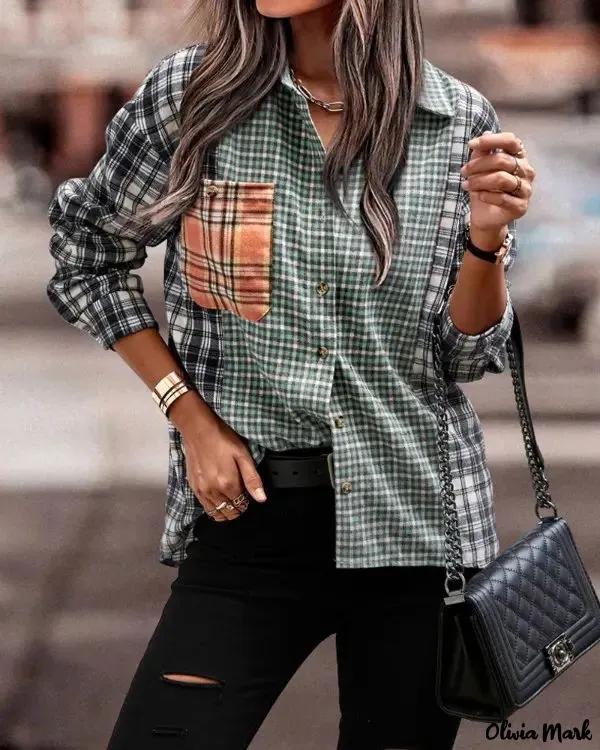 Olivia Mark – Plaid Print Long Sleeve Button-Up Shirt Product Image