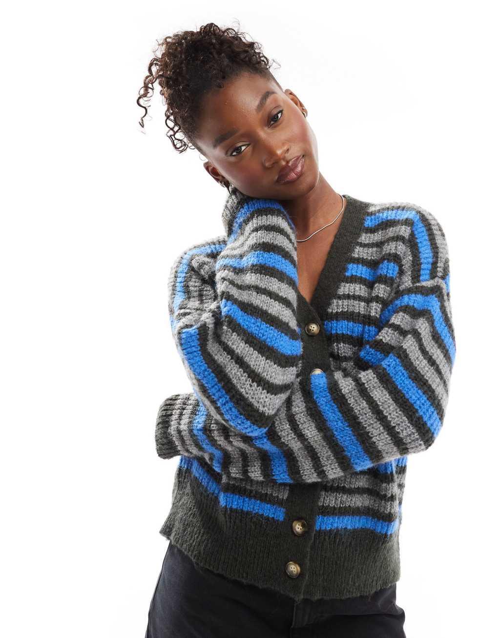 Motel Uriela fluffy oversized cardigan in gray and blue Product Image