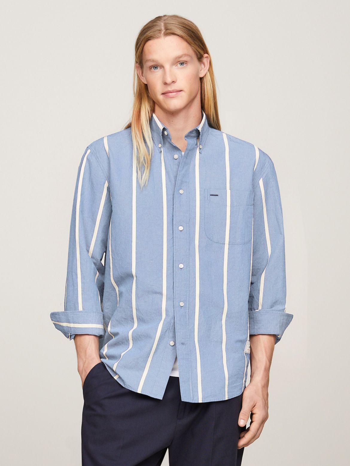 Tommy Hilfiger Men's Regular Fit Stripe Cotton Linen Shirt Product Image