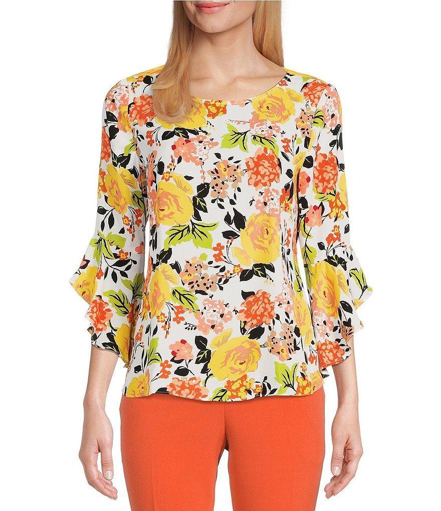 Kasper Petite Size Floral Printed 3/4 Ruffle Sleeve Round Neck Blouse Product Image