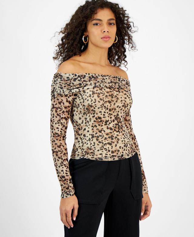 Bar Iii Womens Printed Off-The-Shoulder Mesh Top, Created for Macys Product Image