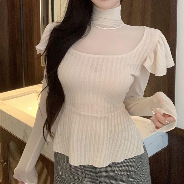 Mock Two-Piece Long-Sleeve Turtleneck Plain Peplum Mesh Panel Ribbed Knit Top Product Image