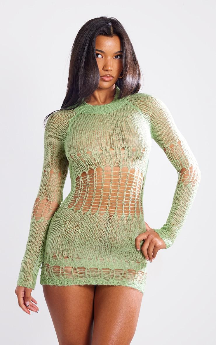  Sage Distressed Open Knit Open Back Long Sleeve Dress Product Image