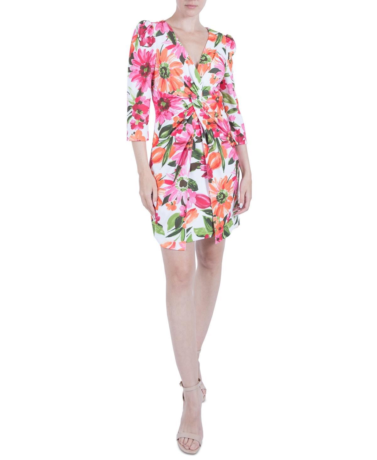 julia jordan Womens Floral-Print 3/4-Sleeve Twist-Front Sheath Dress - Ivory Product Image