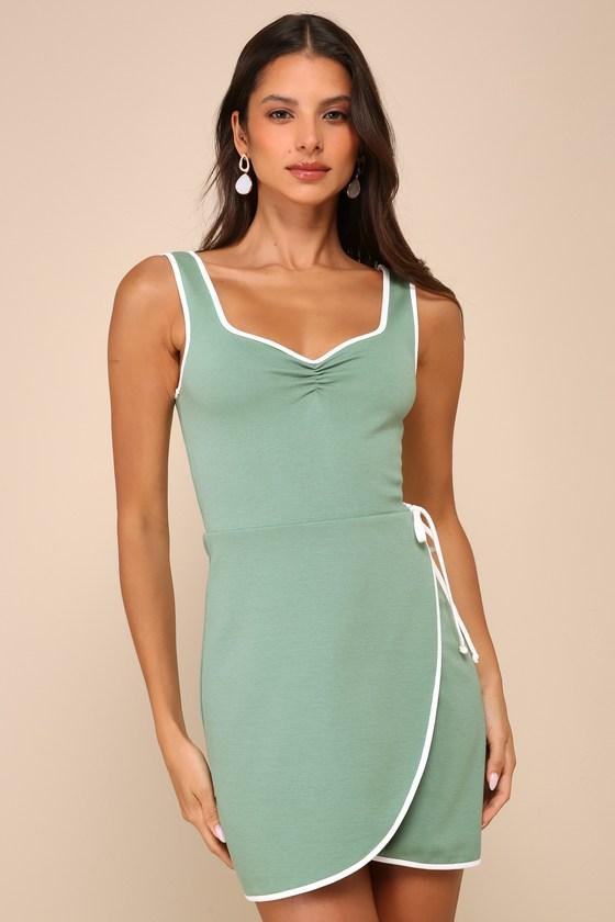 Adorable Decision Sage Green Sleeveless Faux-Wrap Mini Dress Product Image