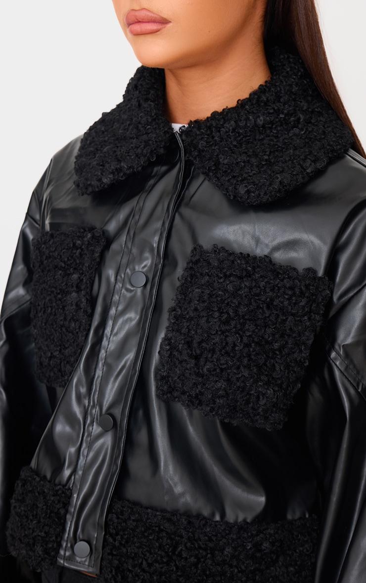 Black Borg Pocket Front Faux Leather Cropped Coat Product Image