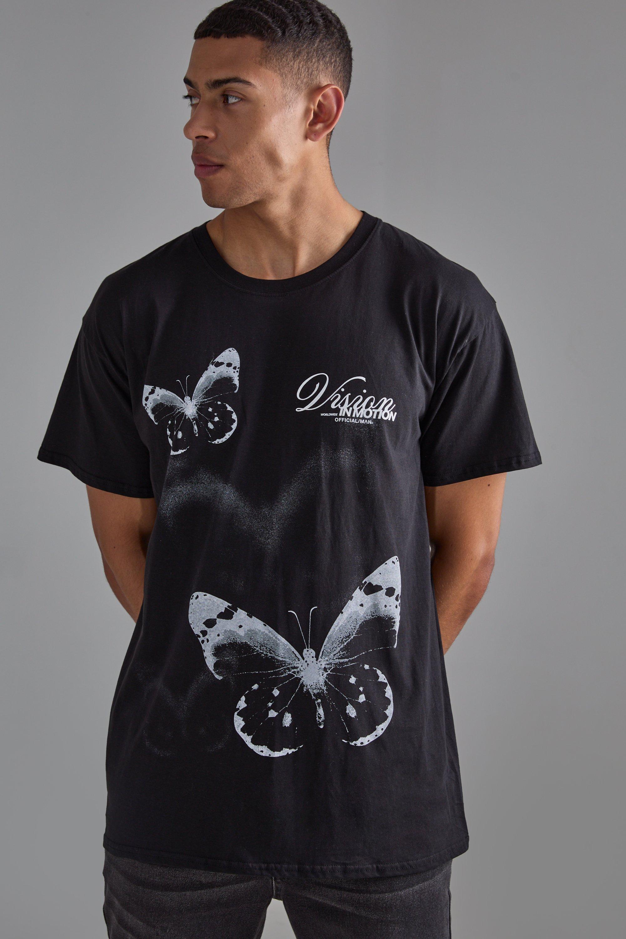 Mens Black Loose Butterfly Gothic Graphic T-shirt, Black Product Image