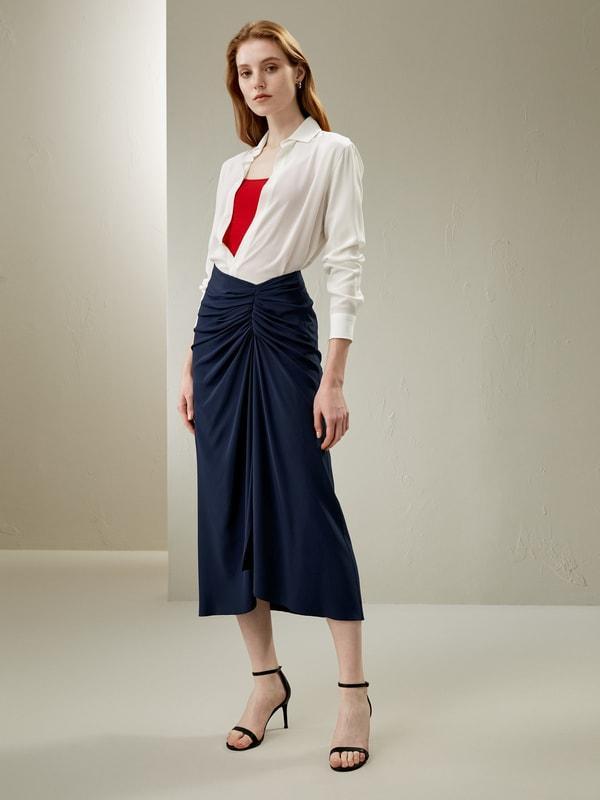 Tucked Drape Silk Midi Skirt product image