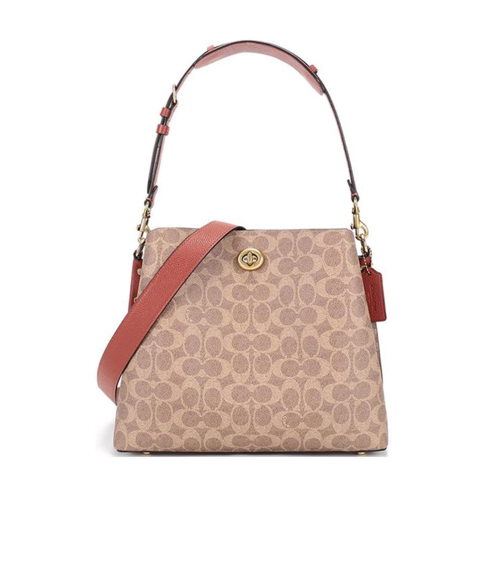 COACH Monogram Leather Shoulder Bag In Brown Product Image