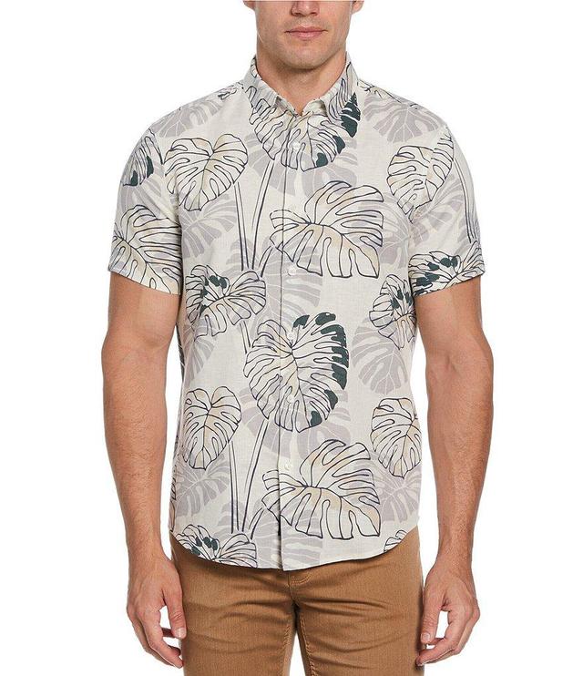 Perry Ellis Bold Leaf Print Short Sleeve Linen Blend Woven Shirt Product Image