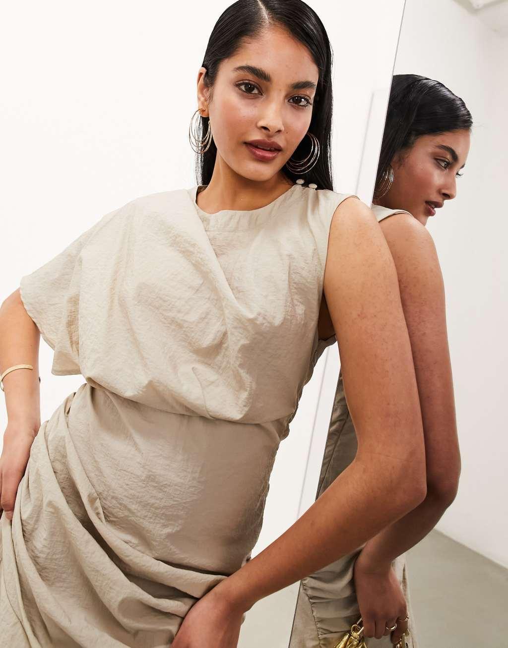 ASOS EDITION washed one shoulder midaxi dress with ruched detail in beige Product Image