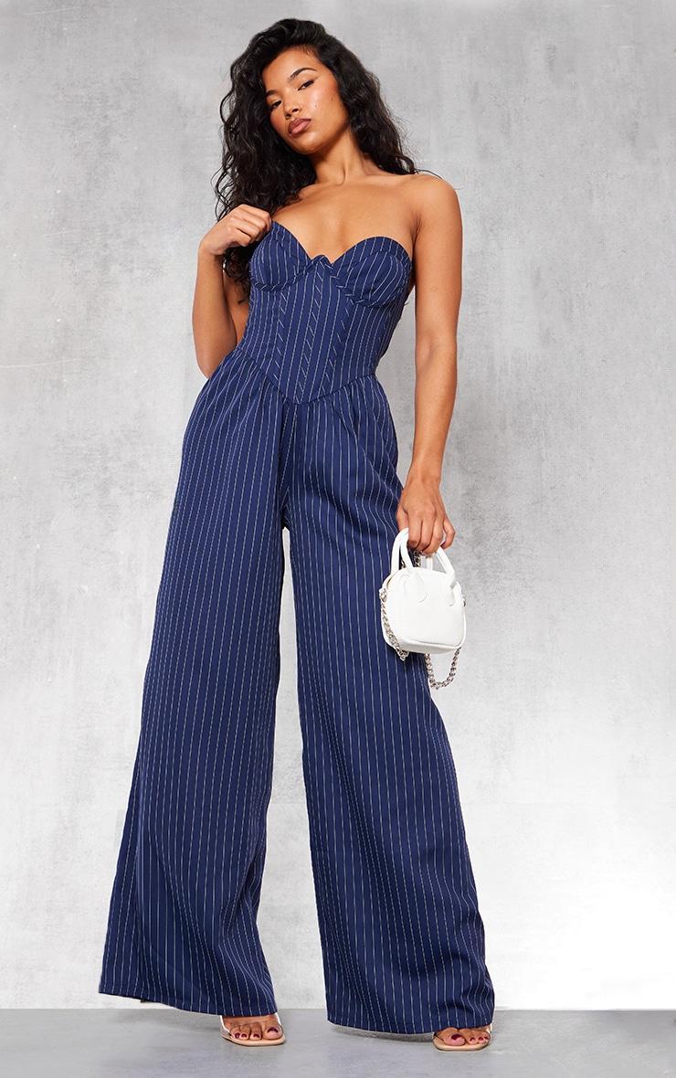 Navy Pinstripe Underwire Corset Detail Tailored Jumpsuit Product Image