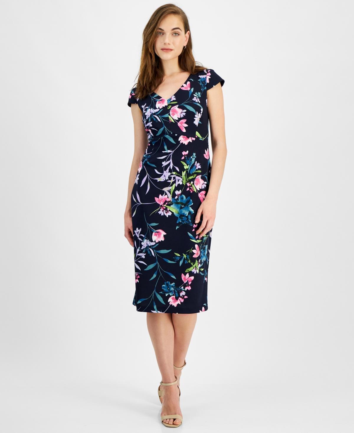 Women's Printed V-Neck Scuba Crepe Sheath Dress Product Image