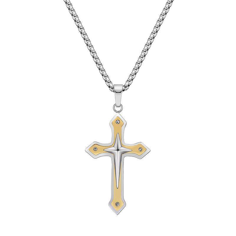 LYNX Mens Gold Tone Ion-Plated Stainless Steel Cross Pendant Necklace Two Tone Product Image