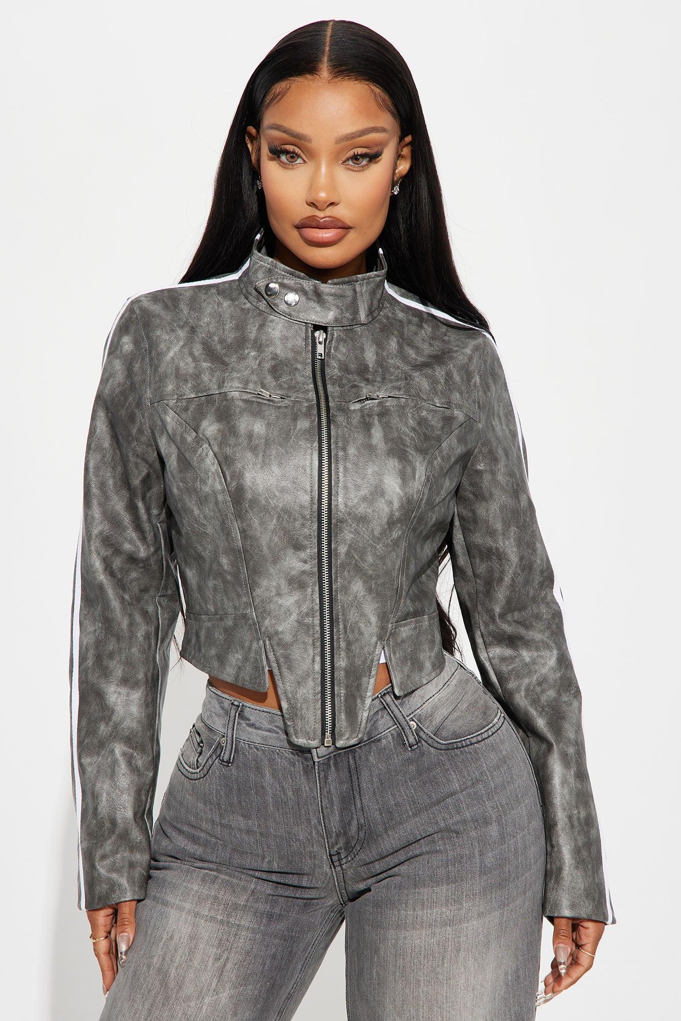 Makena Lace Up Washed Faux Leather Jacket - Charcoal Product Image