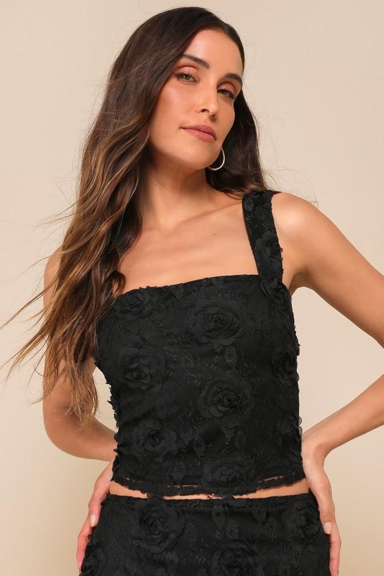 Undeniable Effect Black Lace Rosette Cropped Tank Top Product Image