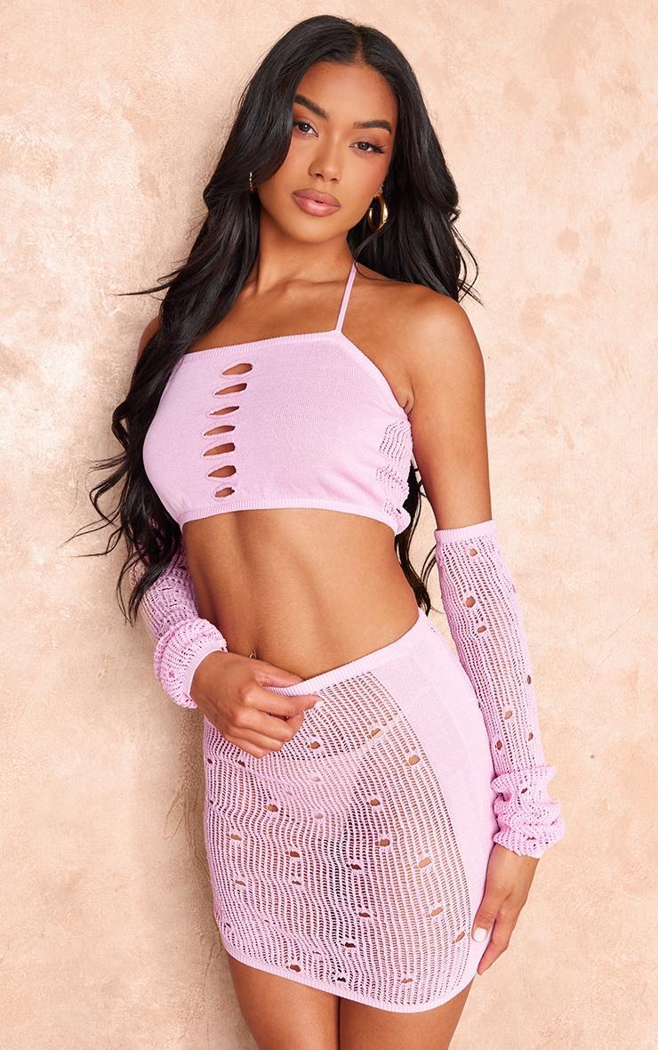 Pink Distressed Textured Knit Crop Top Product Image