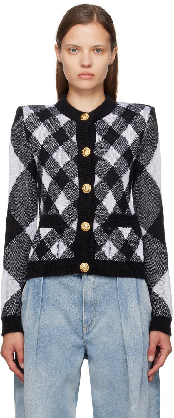 BALMAIN White & Black Check Cardigan Product Image