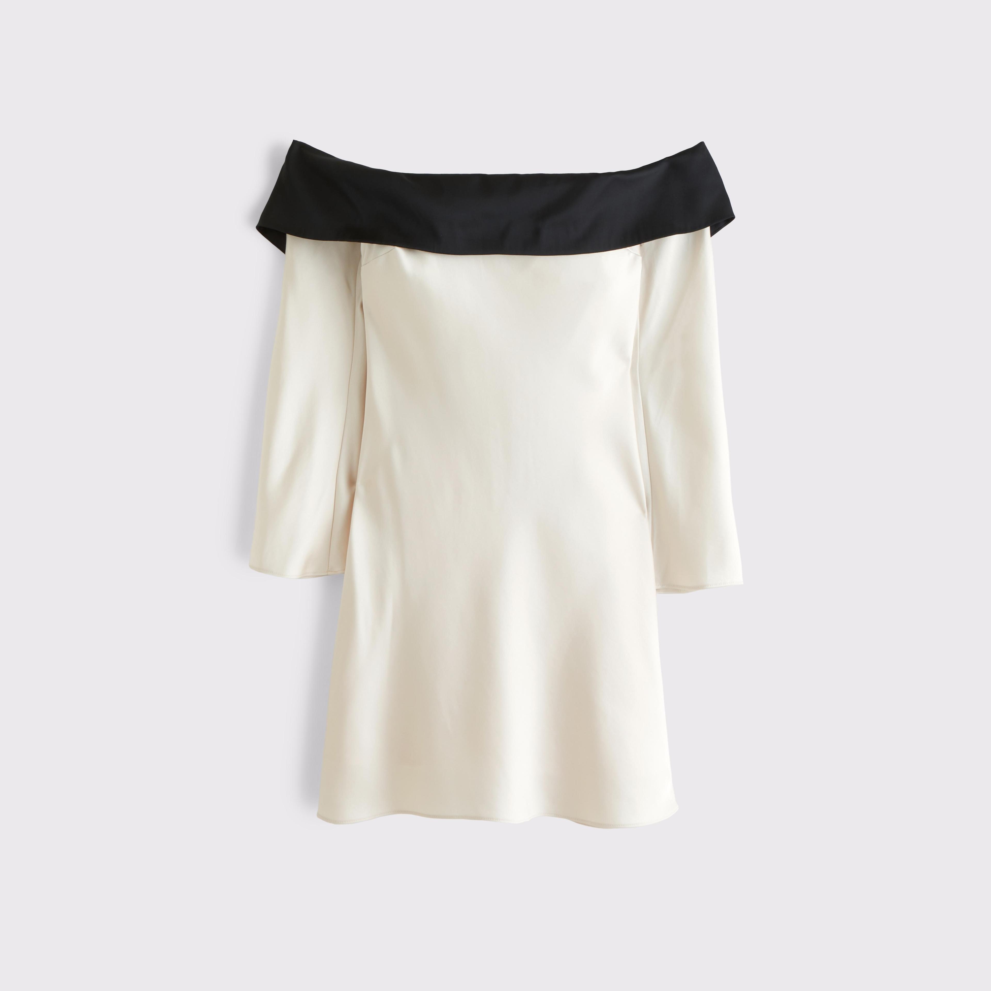 Long-Sleeve Off-The-Shoulder Satin Mini Dress Product Image