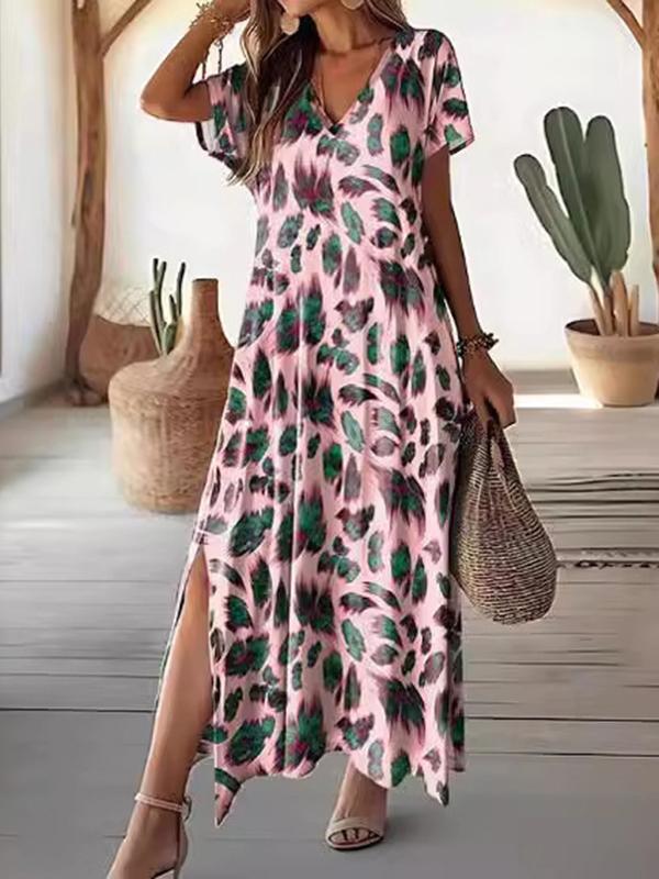 Loose Short Sleeves Printed Split-Side V-Neck Maxi Dresses Product Image