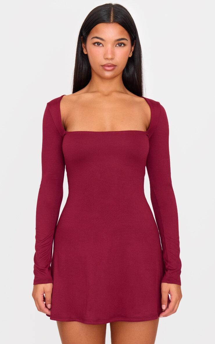 Burgundy Double Contour Square Neck Long Sleeve Bodycon Dress Product Image