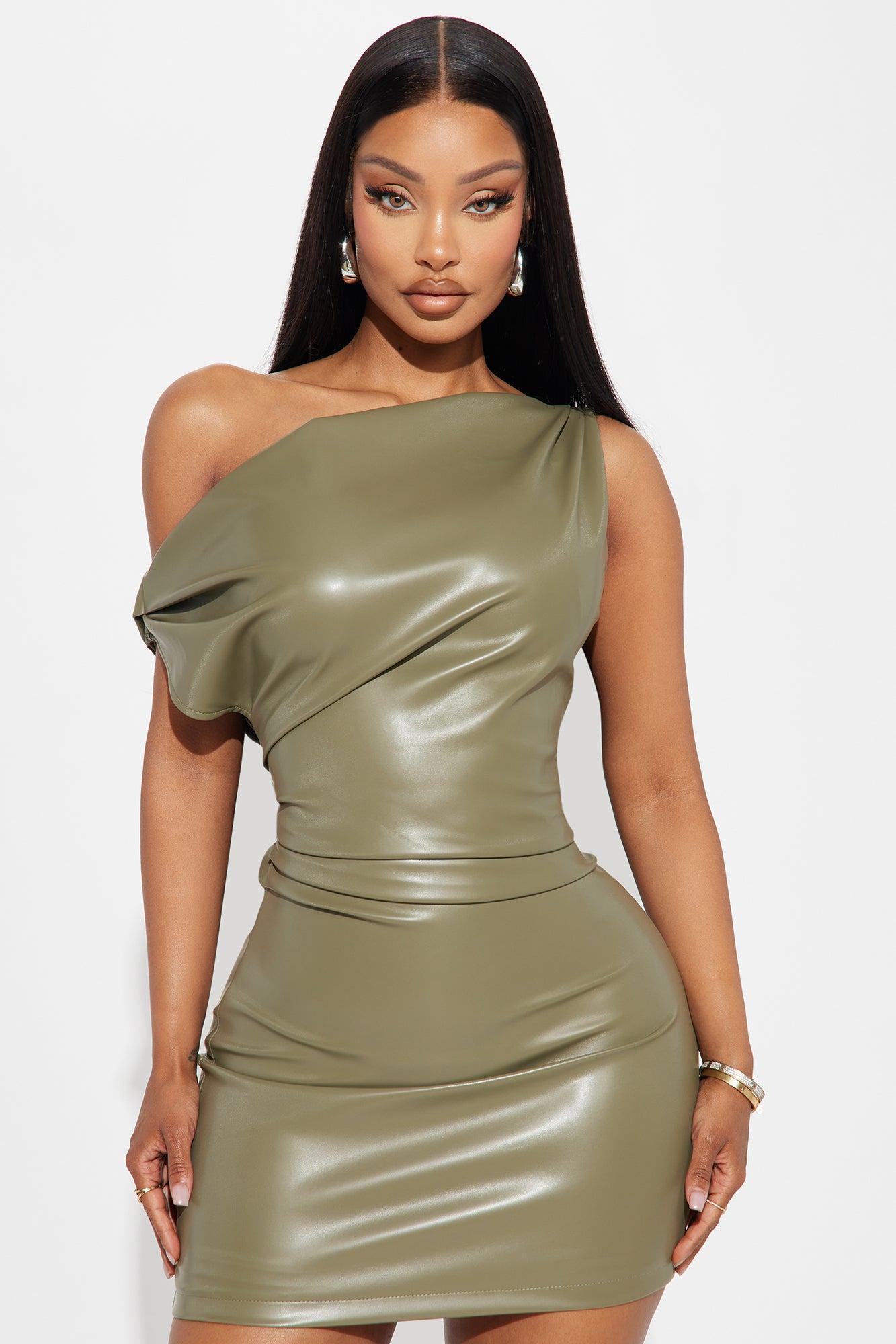 Too Confident Faux Leather Mini Dress - Olive Product Image