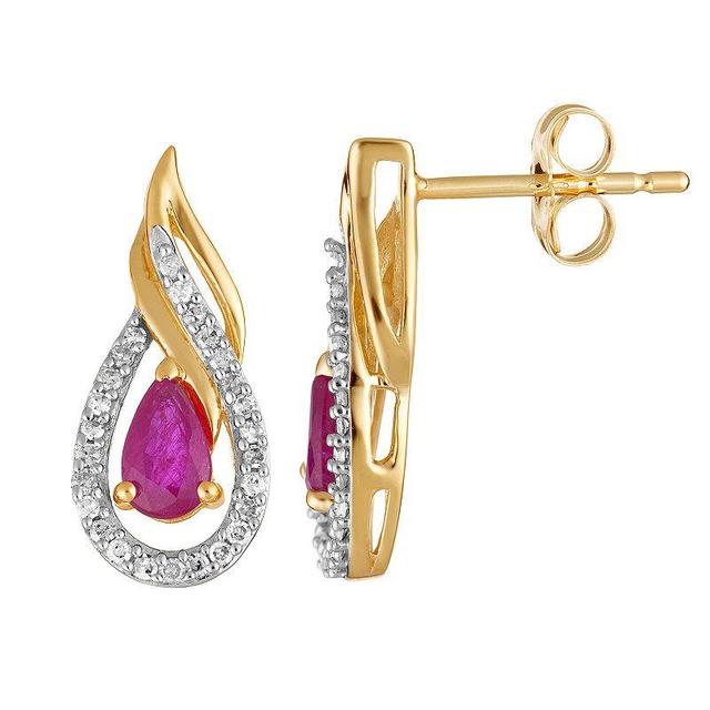 10k Gold Ruby & 1/6 Carat T.W. Diamond Teardrop Earrings, Womens Product Image