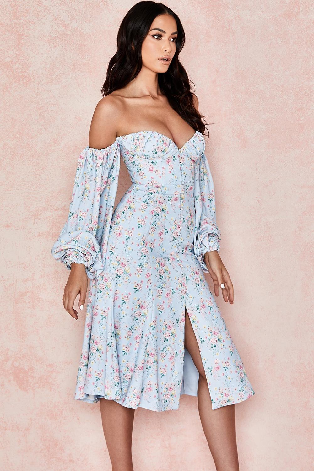 Hope Blue Floral Bardot Midi Sundress Product Image