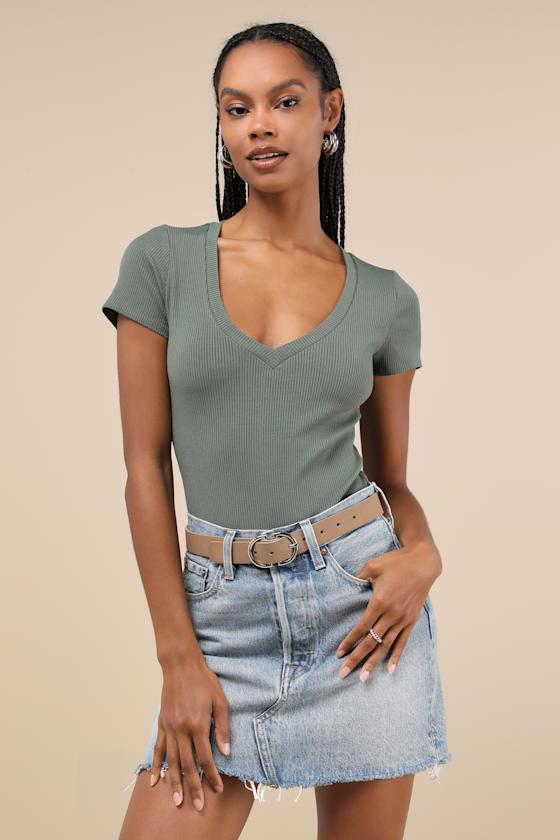 Versatile Pick Olive Green Ribbed Knit Short Sleeve Bodysuit Product Image