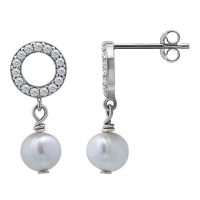 Aleure Precioso Sterling Silver Freshwater Cultured Pearl Drop & Cubic Zirconia Pave Open Circle Post Earrings, Womens, Silver Tone Product Image