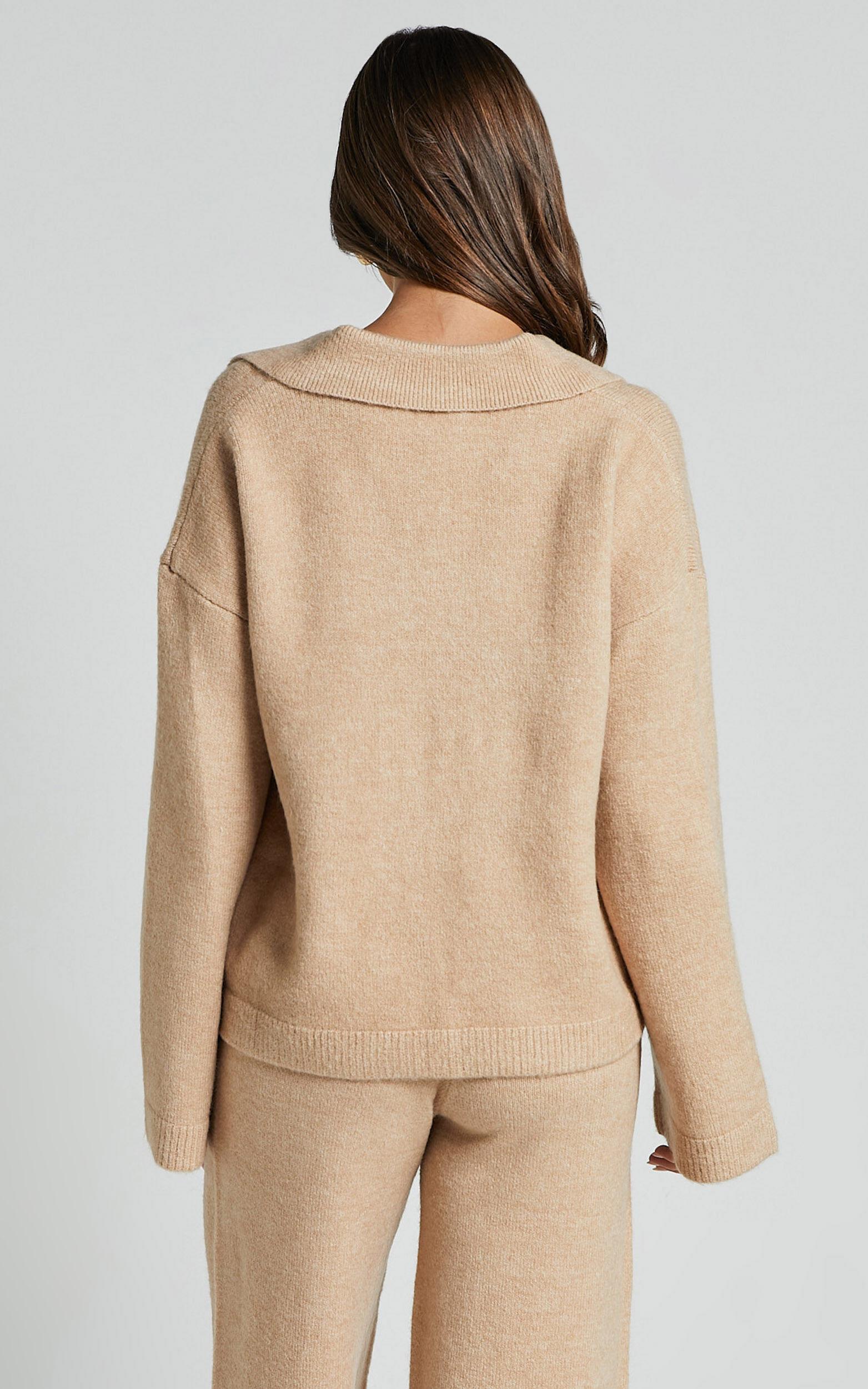 Livia Jumper - Knitted V Neck Collared Jumper in Beige Marl Product Image