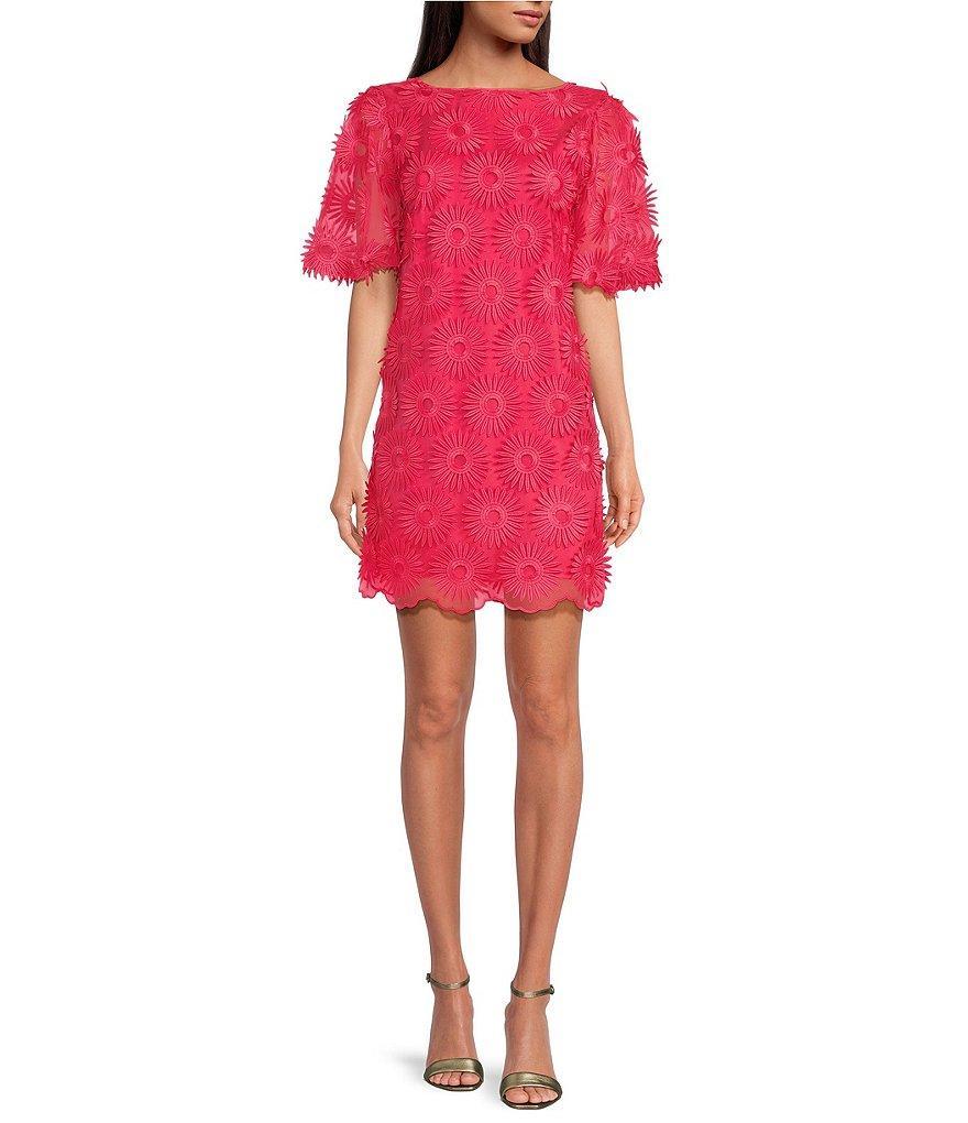 Trina Turk Luv 2 Woven Boat Neck Puff Sleeve Flower Embroidered Sheath Dress Product Image