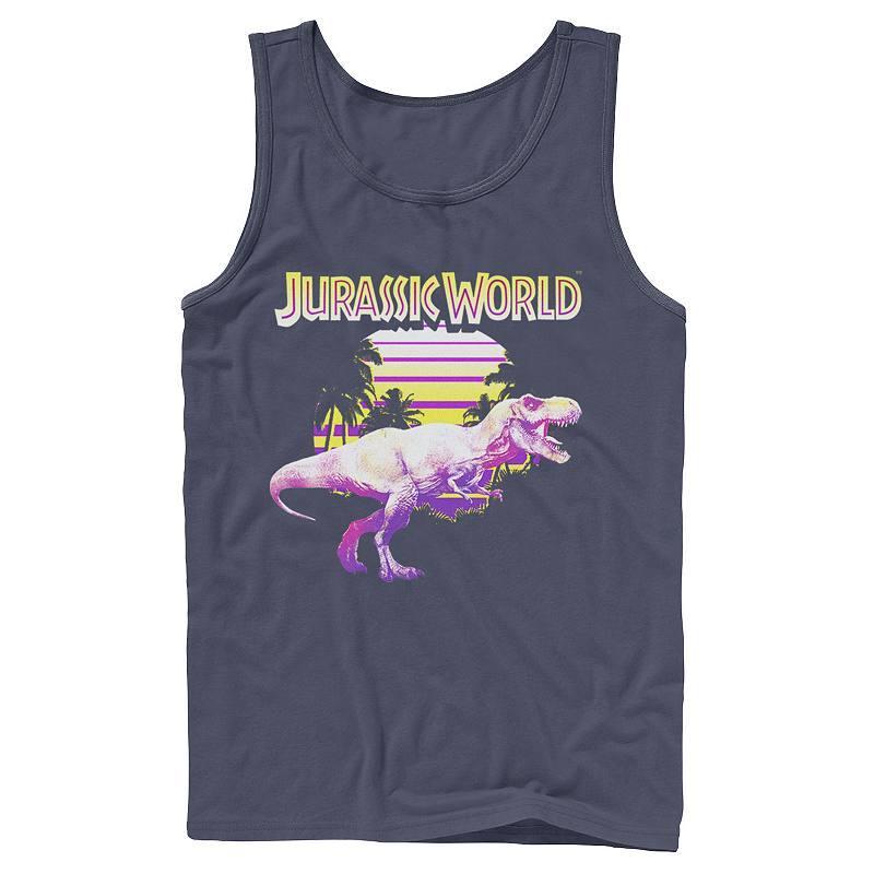 Mens Jurassic World Neon Purple & Yellow T-Rex Graphic Tank Top Blue Product Image