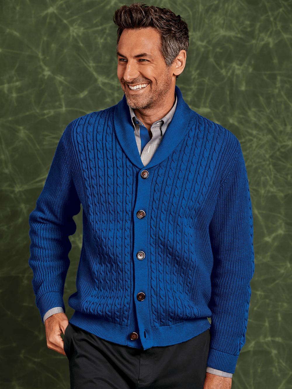 Cotton Cable Button Front Shawl Collar Cardigan - Cobalt Product Image