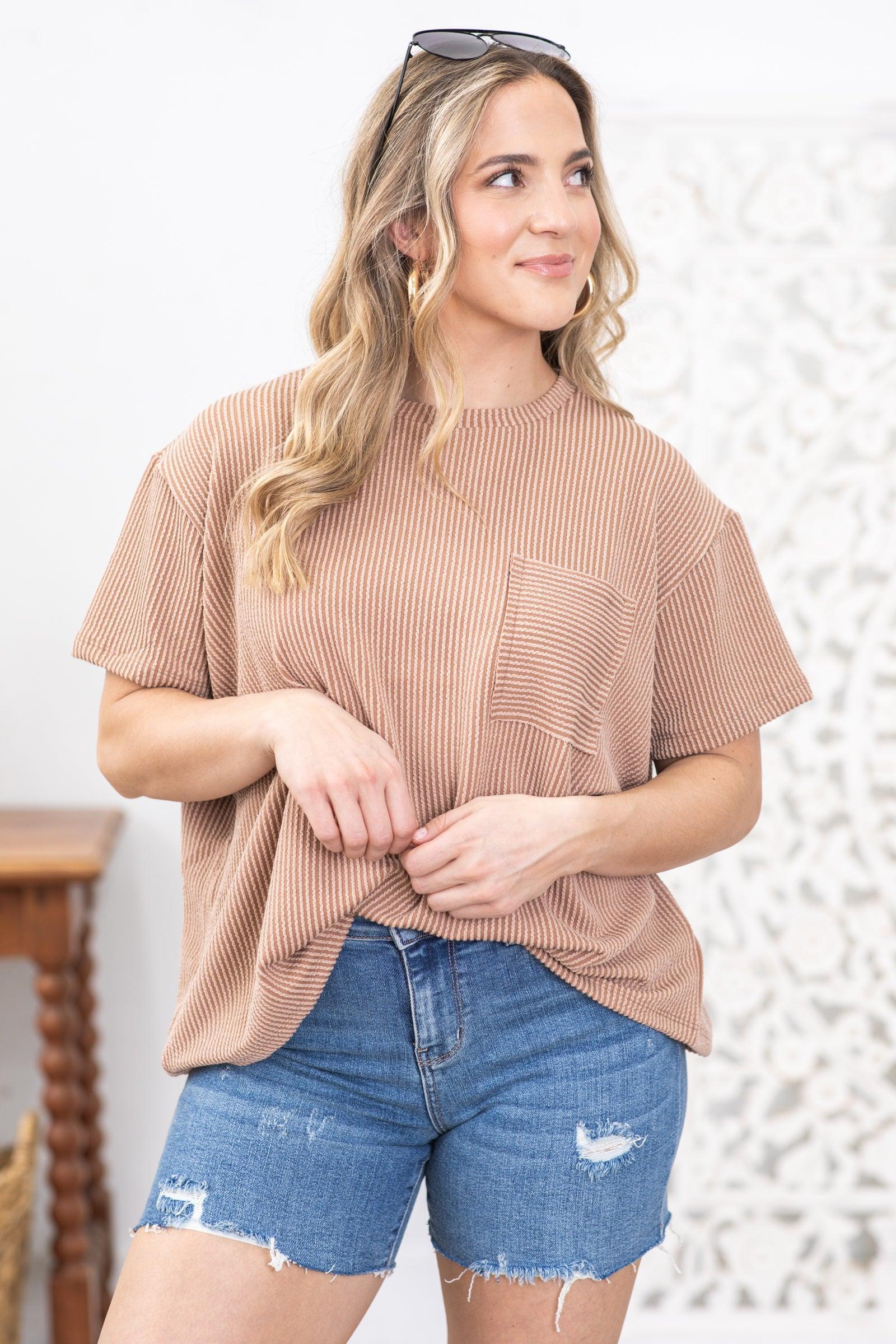 Mocha Texture Ribbed Short Sleeve Knit Top Product Image