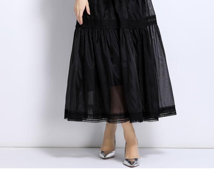 Cinched Sleeve Stand Collar Plain Panel Mesh Maxi A-Line Dress Product Image