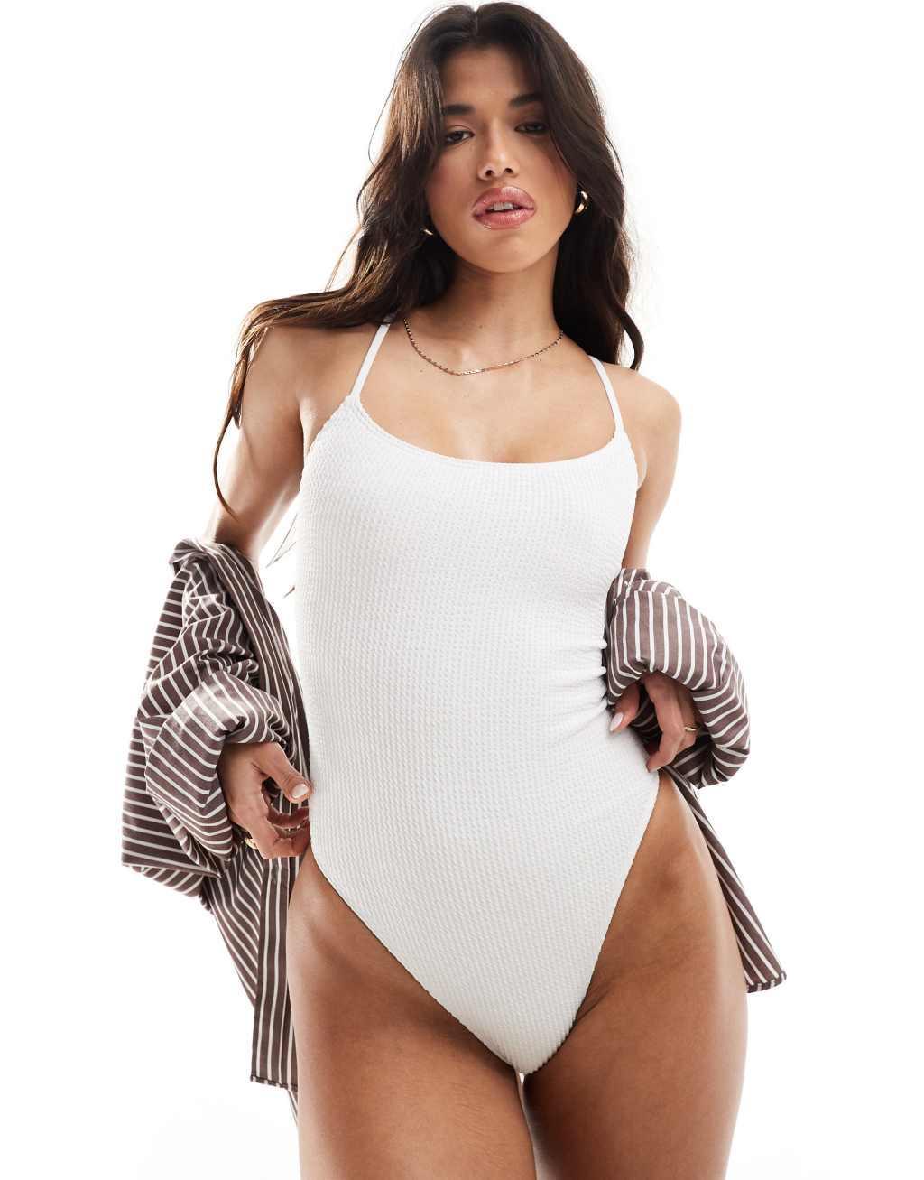 South Beach textured cross back high leg swimsuit in off white Product Image