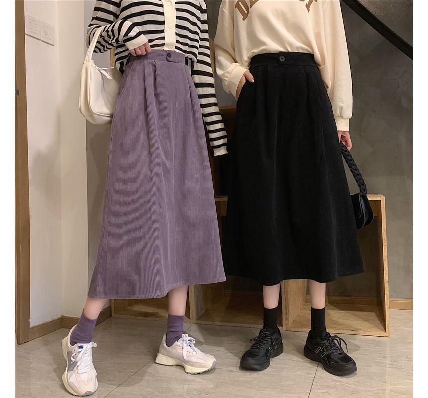 High-Waist Corduroy A-Line Midi Skirt Product Image