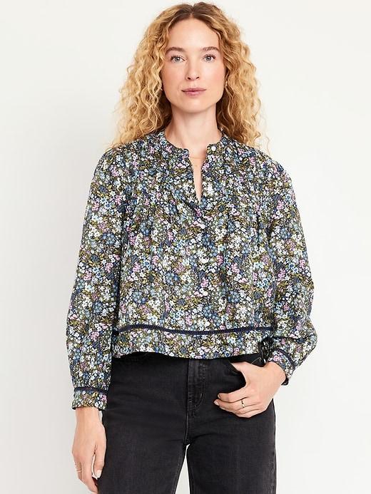 Button-Down Cropped Pintuck Shirt Product Image