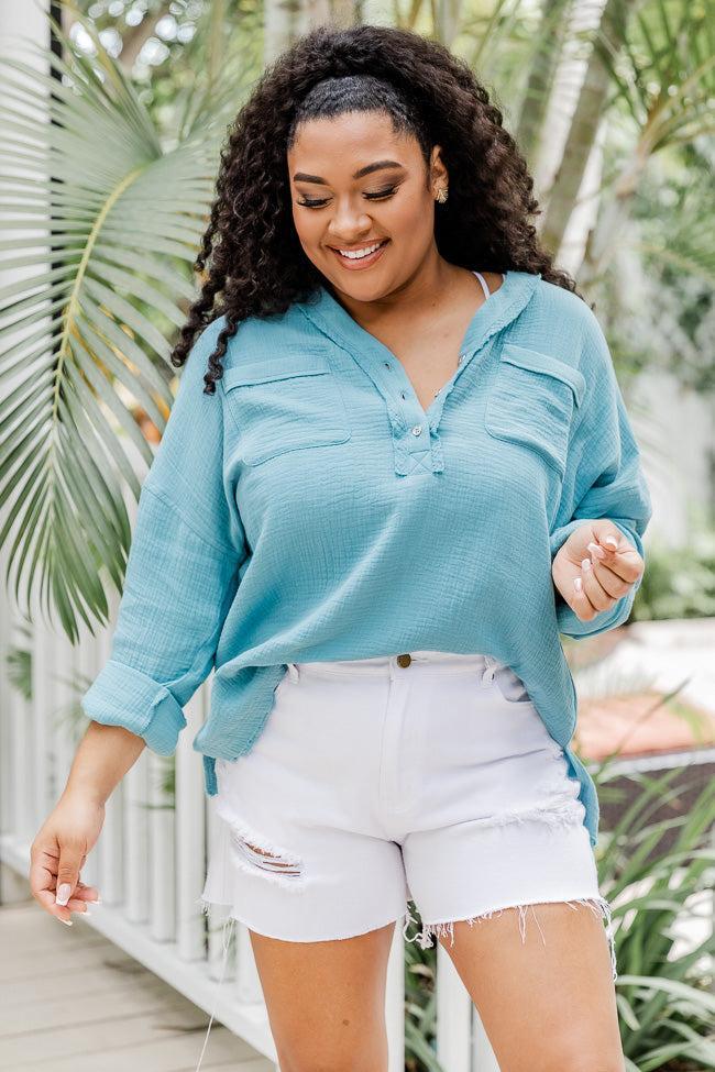 Unique Role Teal Pocketed Henley Gauze Blouse FINAL SALE Product Image