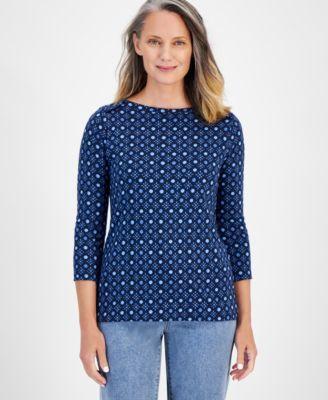 Petite Cotton Floral-Print 3/4-Sleeve Top, Created for Macy's Product Image