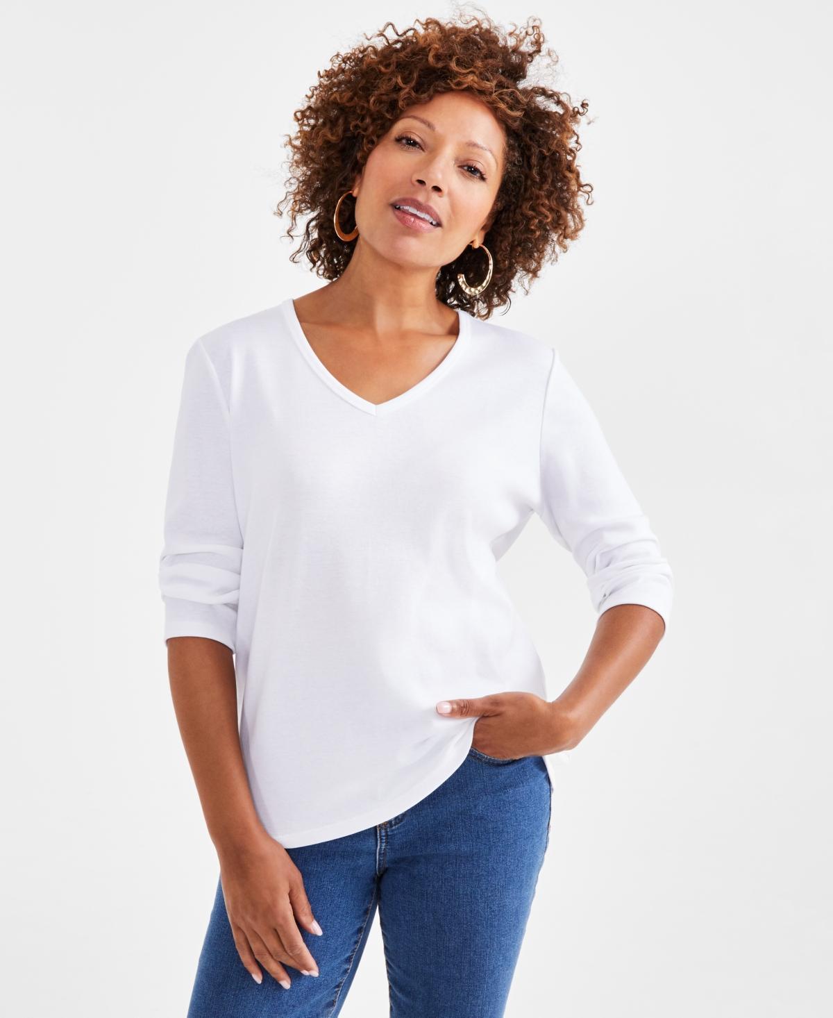 Style & Co Womens Cotton 3/4-Sleeve V-Neck Tee, Created for Macys Product Image