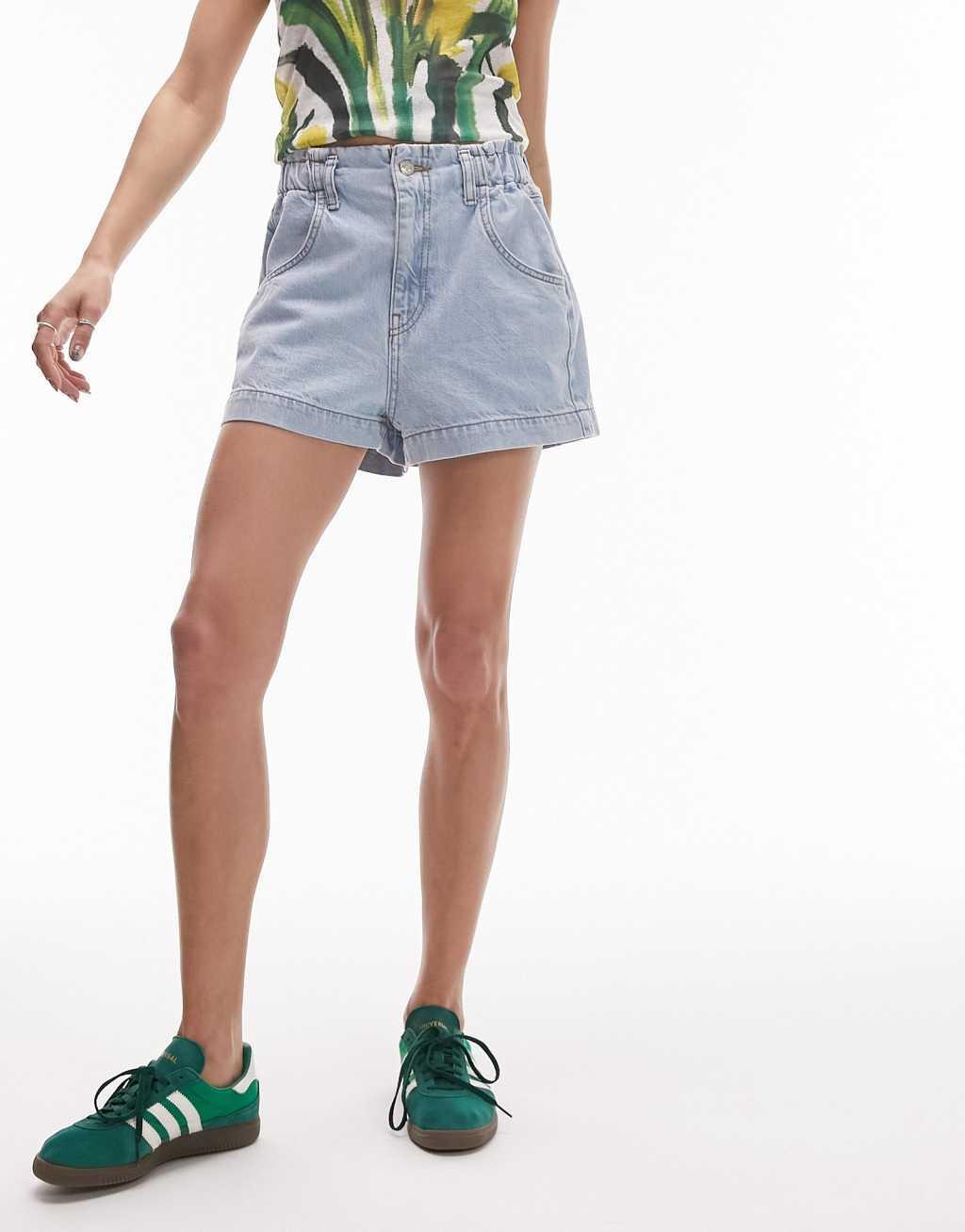 Topshop denim elastic waist short in bleach Product Image