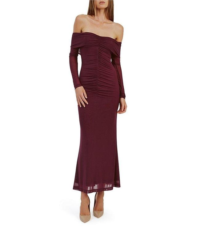 Bardot Off-The-Shoulder Long Sleeve Ruched Mesh Maxi Dress Product Image