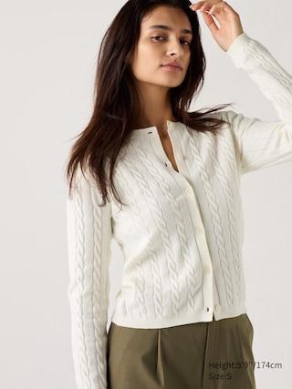 Womens Cable Crew Neck Cardigan Off White 2XS UNIQLO US Product Image