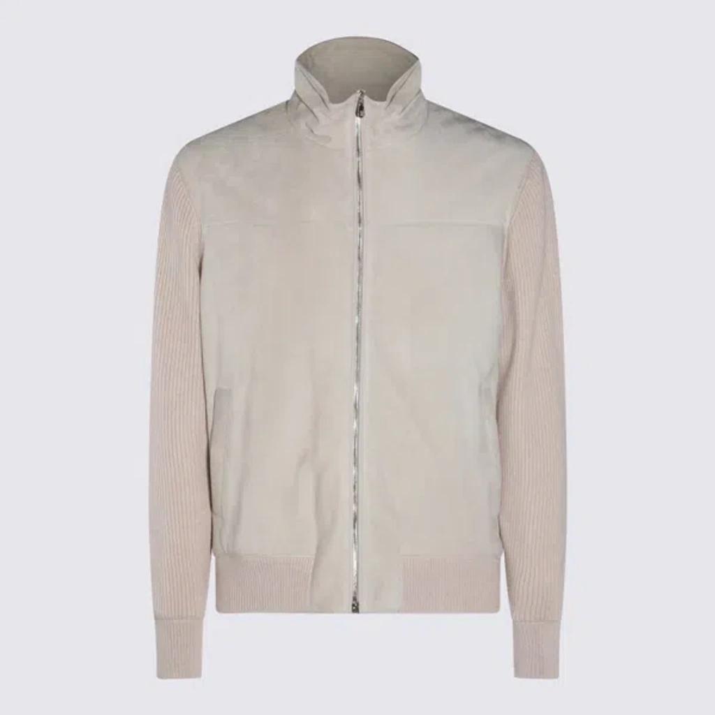 Panelled Zipped Padded Jacket In Beige Product Image