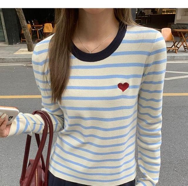 Long-Sleeve Crew Neck Striped Heart Embroidered Contrast Trim Slim Fit T-Shirt Product Image