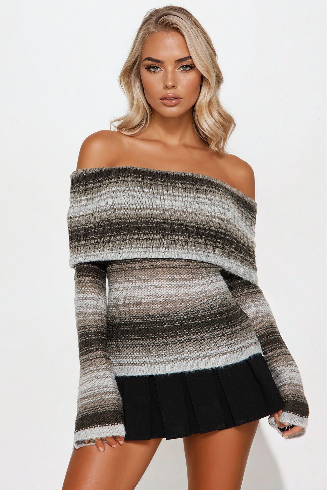 Lily Striped Off Shoulder Sweater - Grey/combo Product Image