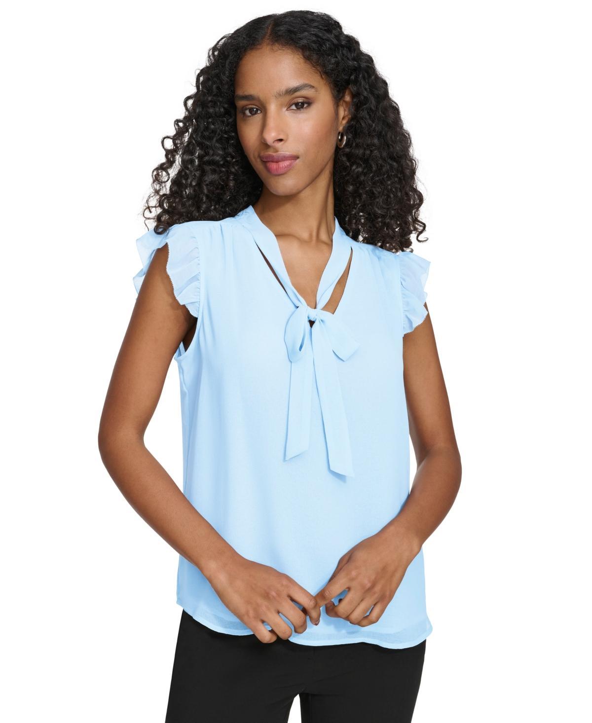 Calvin Klein Womens Ruffled Cap-Sleeve Tie-Neck Blouse Product Image